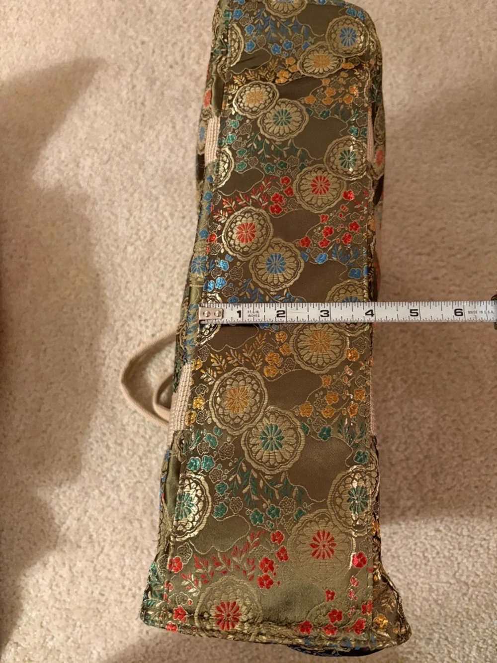 Oriental Olive Green Vibrant Floral Jacquard Satin Tote Bag with Beige Straps - Picture 12 of 16